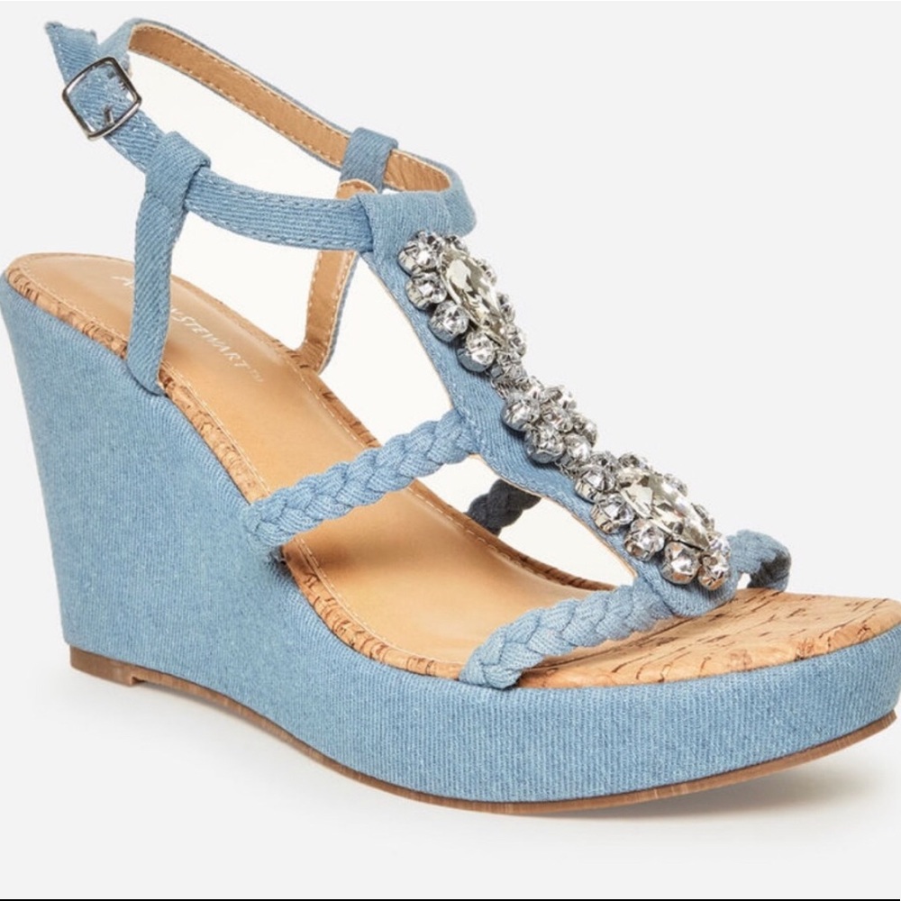 BRAND NEW Ashley Stewart Denim With Embellished Straps Wedge Heel